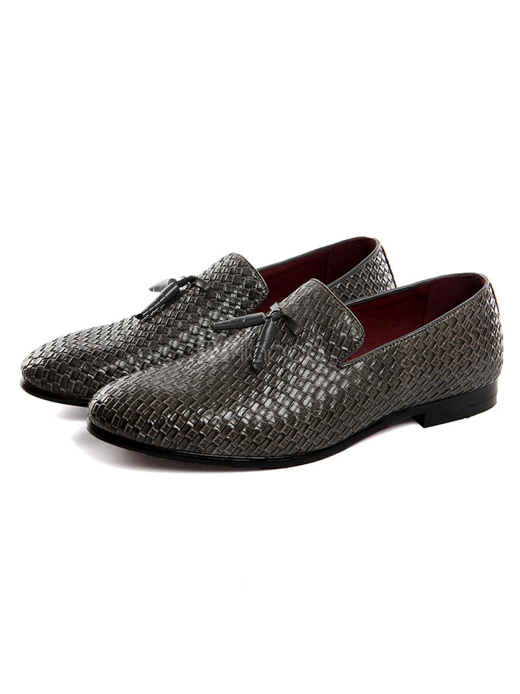 Grey Men Loafers Round Toe Patterned Slip On Shoes Casual Business ...