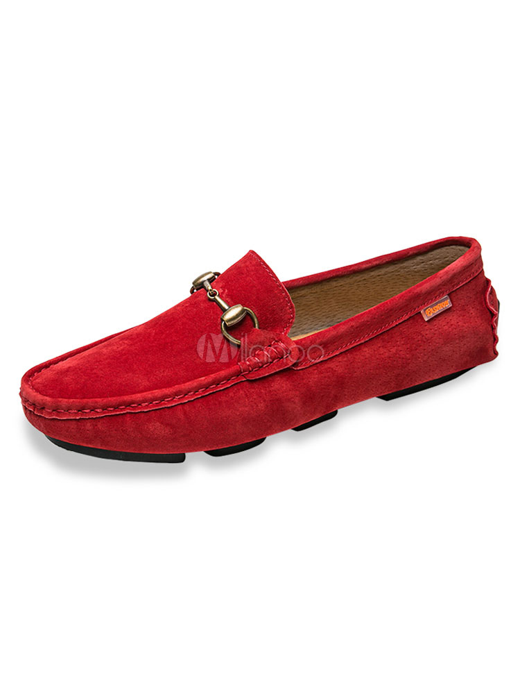 Red Loafers Men Shoes Pigskin Round Toe 