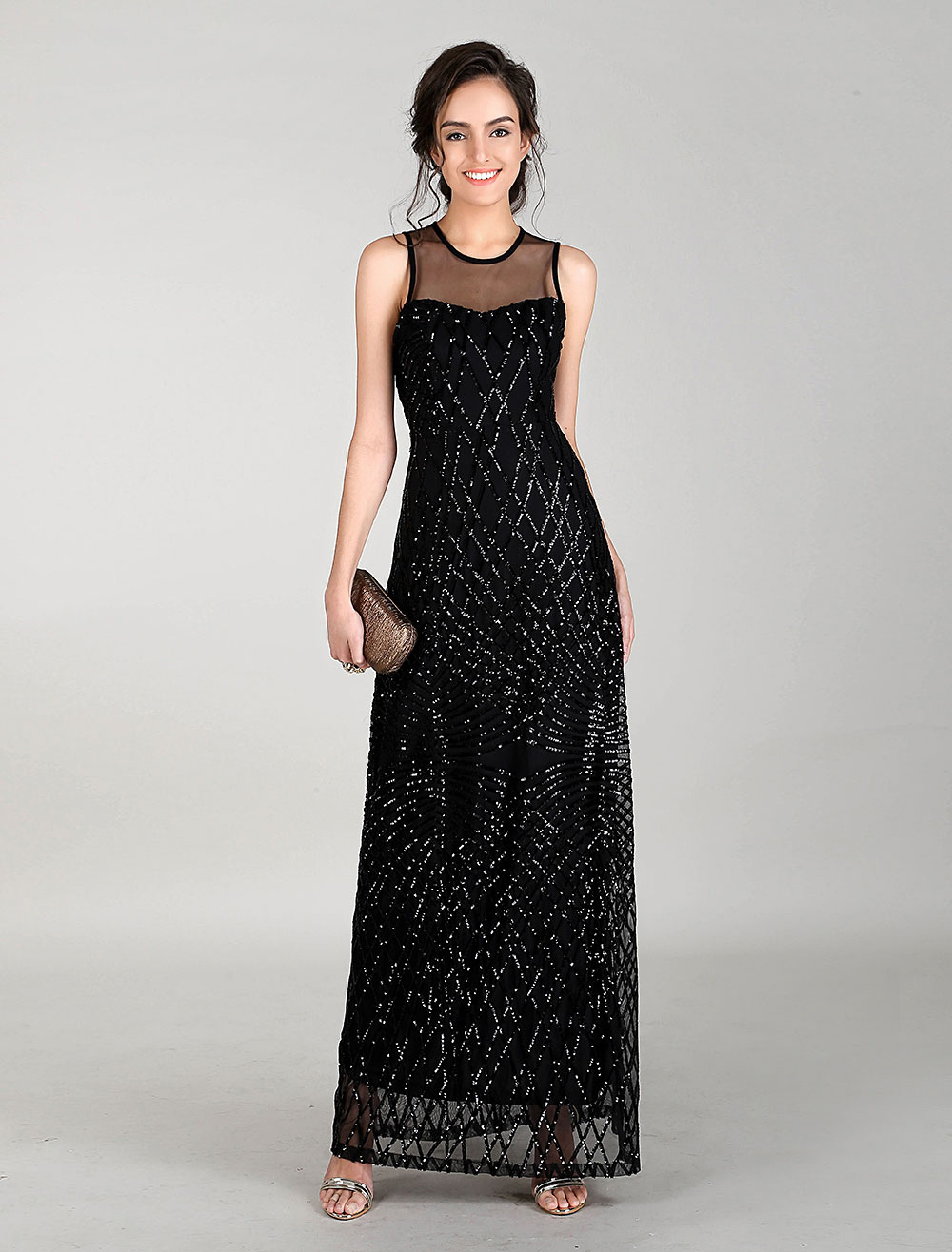 Black Evening Dresses Maxi Sequin Prom Dress Illusion Neck Semi