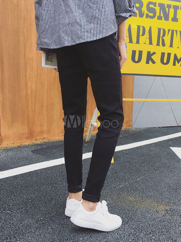 黒人男性ジーンズスクラッチスキニーレッグデニムジーンズを破壊 Milanoo Jp