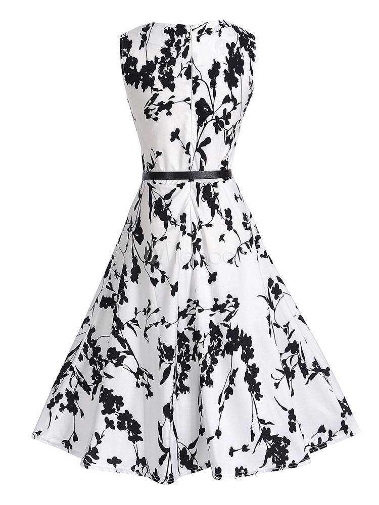 White Vintage Dress 1950s Summer Midi Dress Printed Sleeveless Sash ...