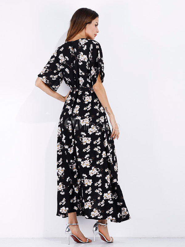 Robe longue 2020 Robe longue noire Floral Maxi Robe col V ...