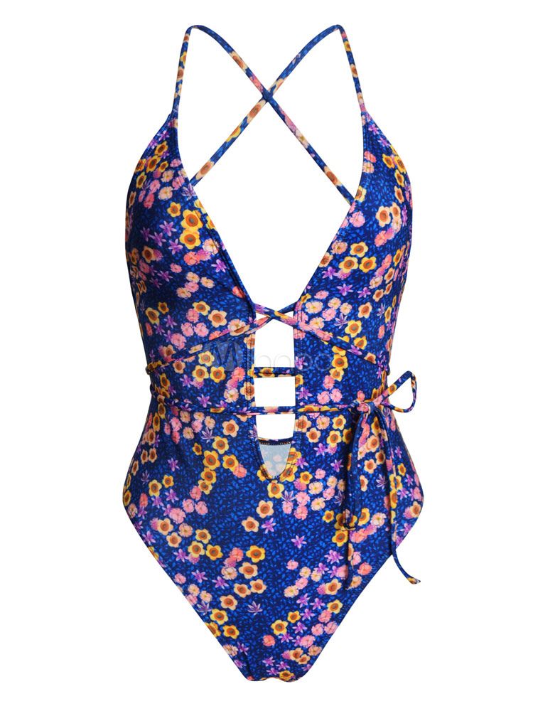 Sexy One Piece Swimsuit Floral Print Backless Strappy Plunging Neck