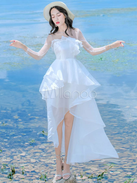 White Long Dress Tulle Ruffles High Low Crewneck Chiffon Summer Dress ...