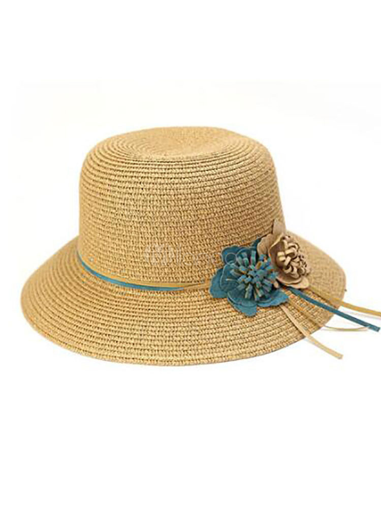 Women Straw Hat Flowers Summer Dark Navy Sun Hat