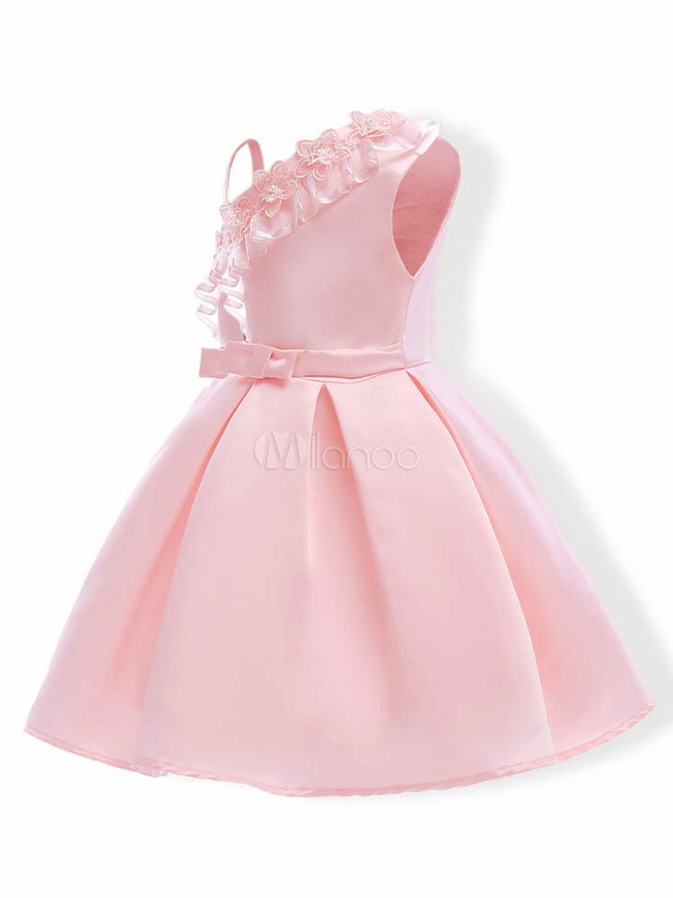 Pink Flower Girl Dresses One Shoulder Bow Sash Satin Pleated Kids ...