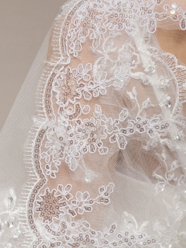 Wedding Veil Lace Applique Ecru White Sequin Long Bridal Veils