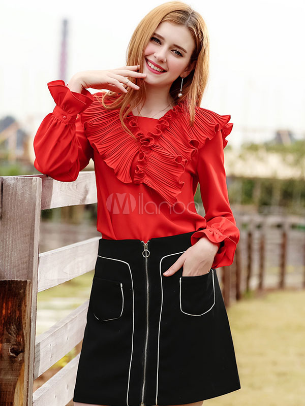 Blusa de chifón 2022 roja con manga larga Color liso con volante fruncido -  Milanoo.com