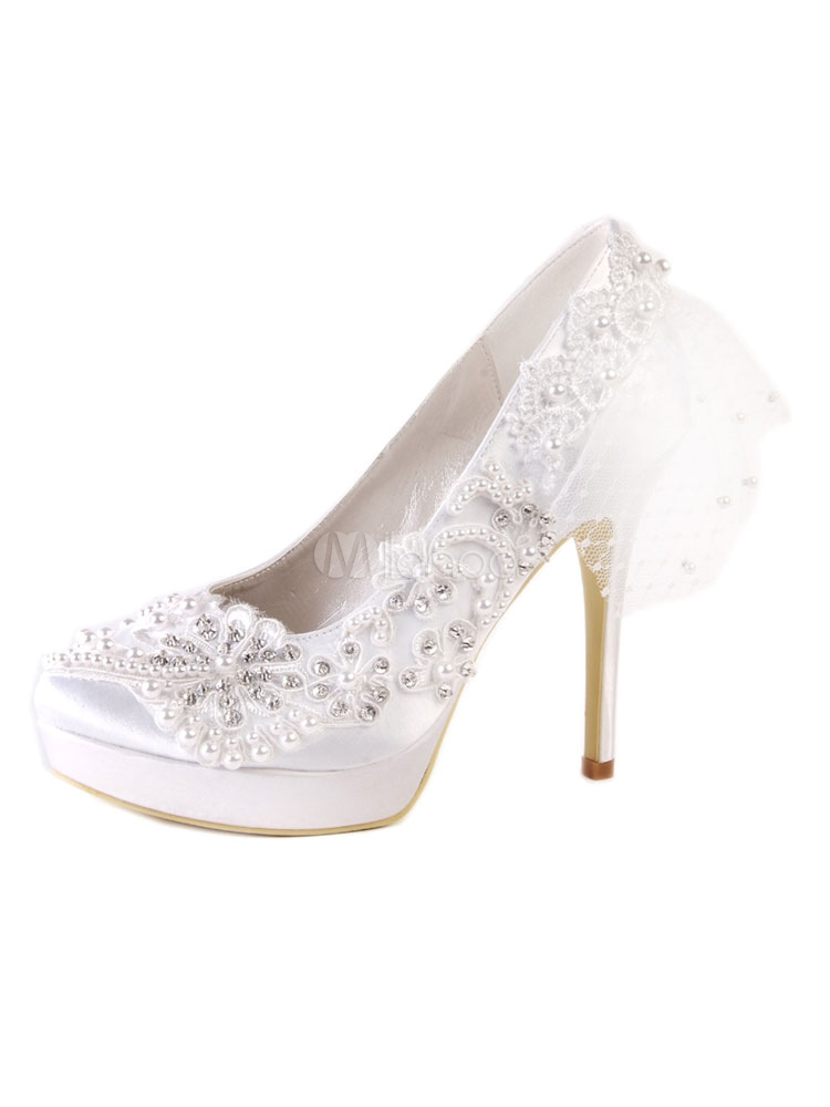 White Wedding Shoes High Heels Round Toe Pearls Rhinestones Bridal ...
