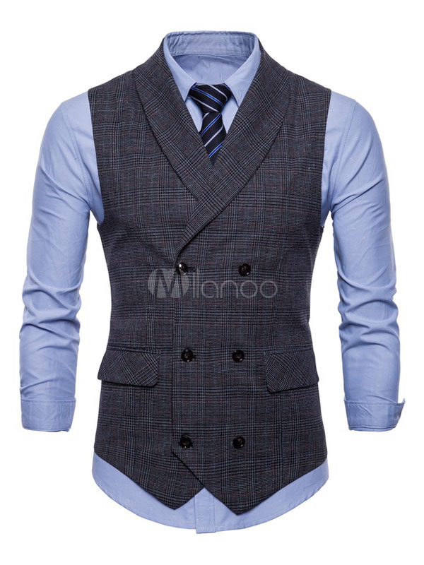 Men Casual Waistcoat Shawl Collar Plaid Double Breasted 1950s Cotton ...