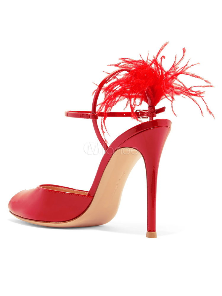 High Heel Sandals Red Peep Toe Feathers Detail Sandal Shoes Women