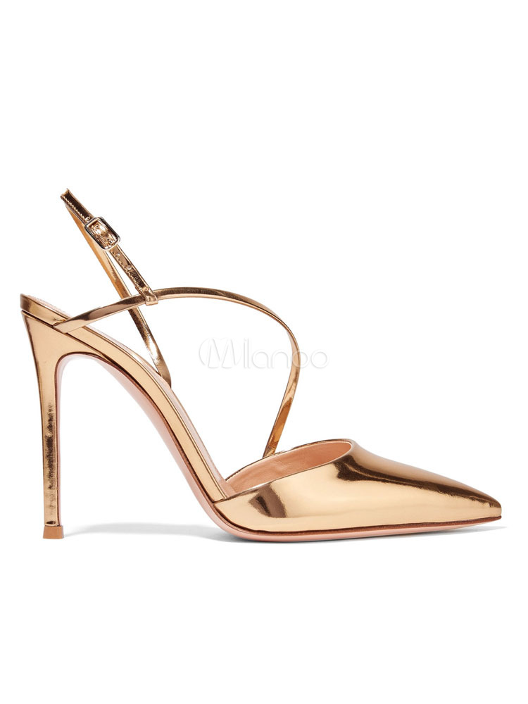 Women Gold Shoes High Heels Pointed Toe Slingbacks Strappy Pumps