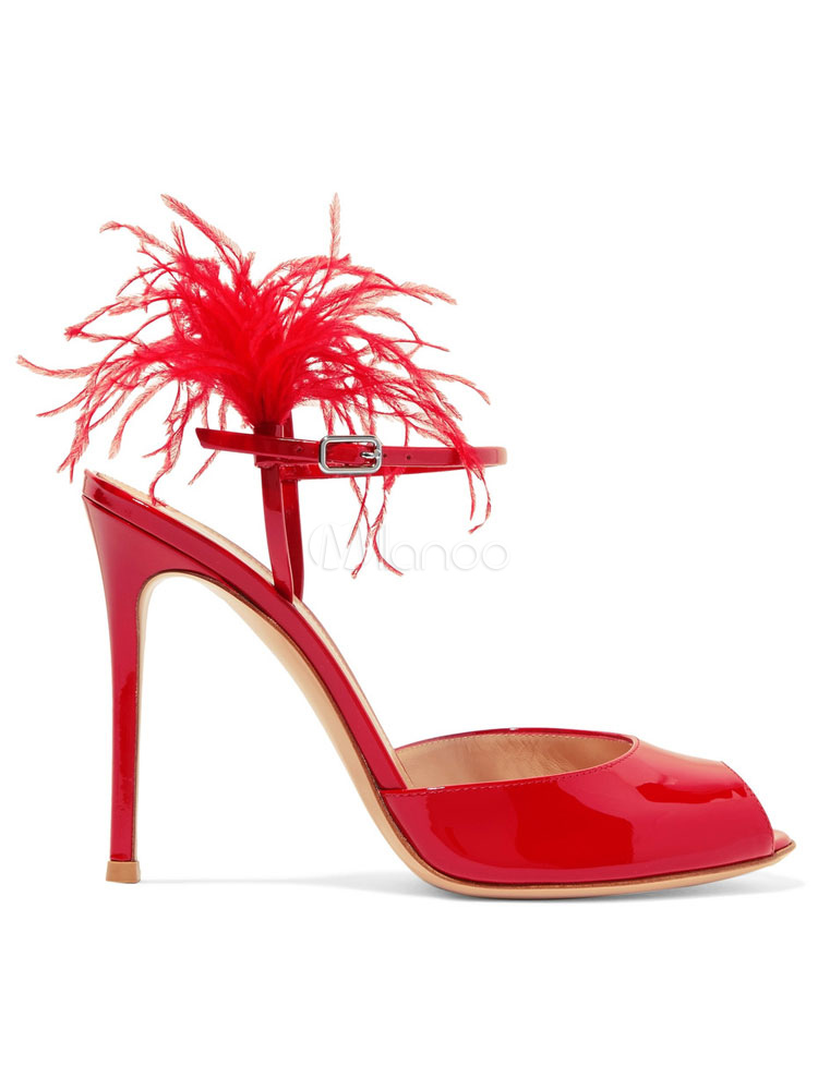 high heel leather shoes with feather detail