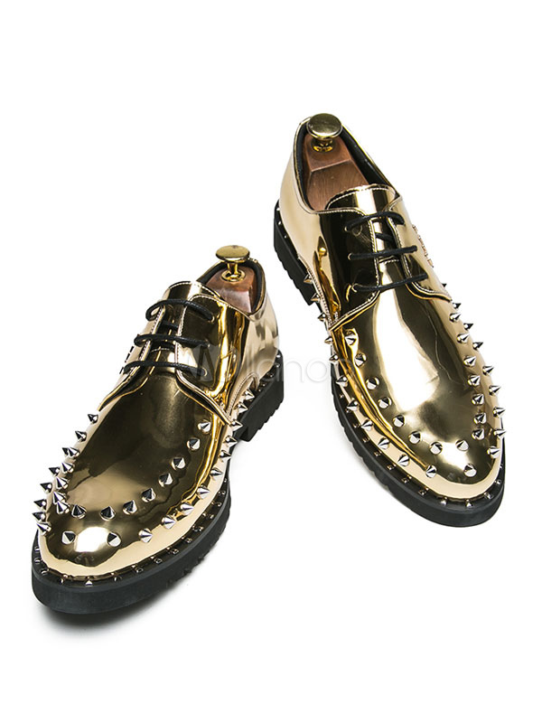 Men Dress Shoes Gold Round Toe Rivets 