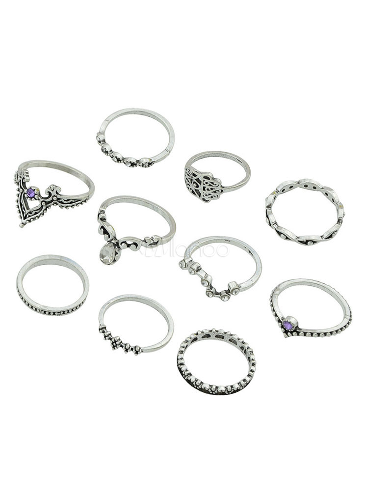 Silver Stacking Rings Set 10 Piece Rhinestone Women Jewelry