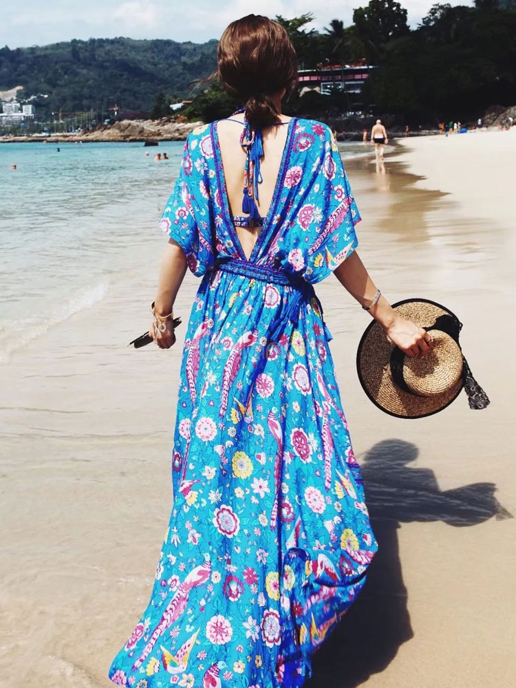 Maxi Boho Dress Half Sleeve Printed Backless Plunging Neck Split Blue ...