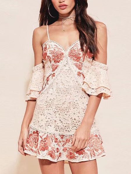 Sexy Lace Dress Half Sleeve Embroidered Straps Cold Shoulder Soft Pink Summer Dress 4812