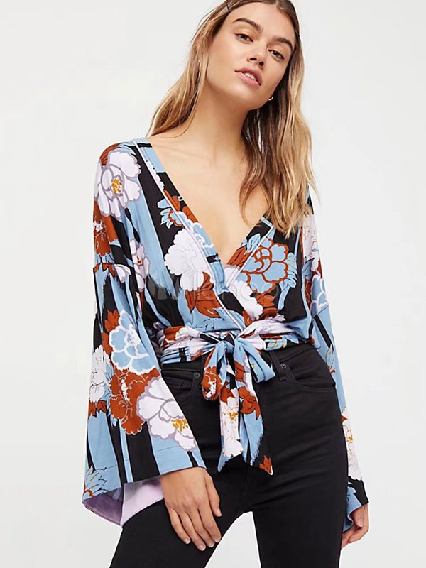 Blusas de mujer de chifón 2022 estampado de flores cuello en V manga de  campana - Milanoo.com