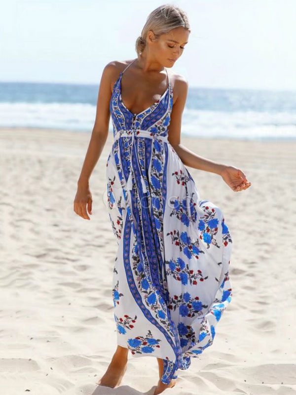 Maxi Summer Dress Women Halter Blue Printed Sleeveless Backless ...