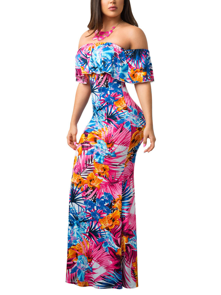 Floral Maxi Dress Long Summer Dress Off The Shoulder Half Sleeve