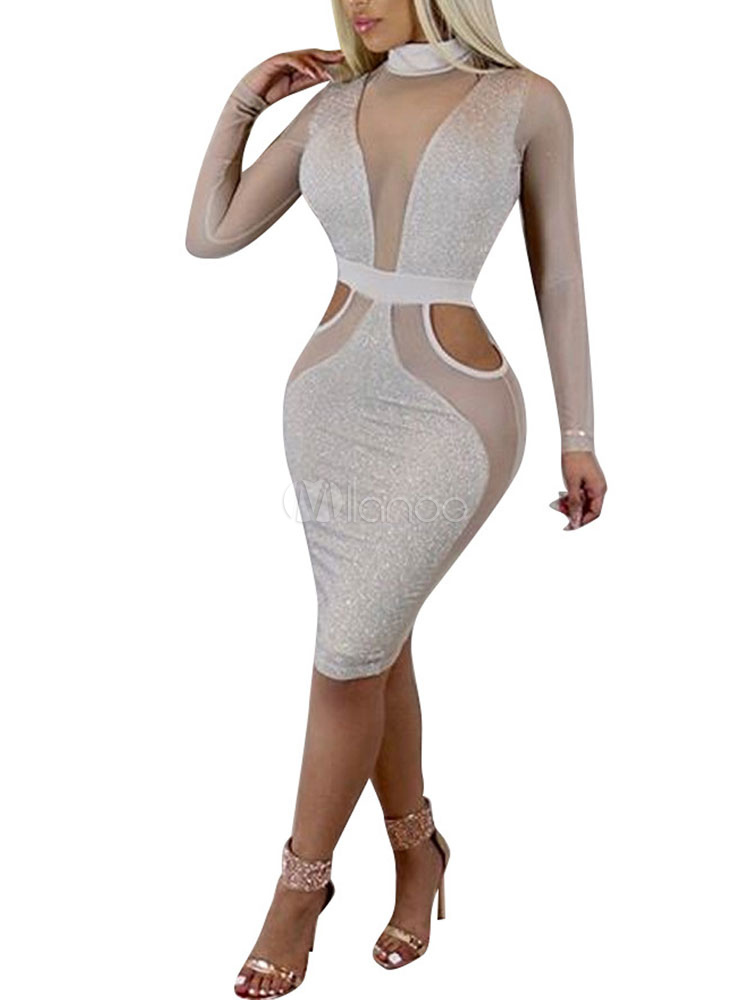 Sexy Club Dress White Long Sleeve Cut Out Semi Sheer Midi Dress