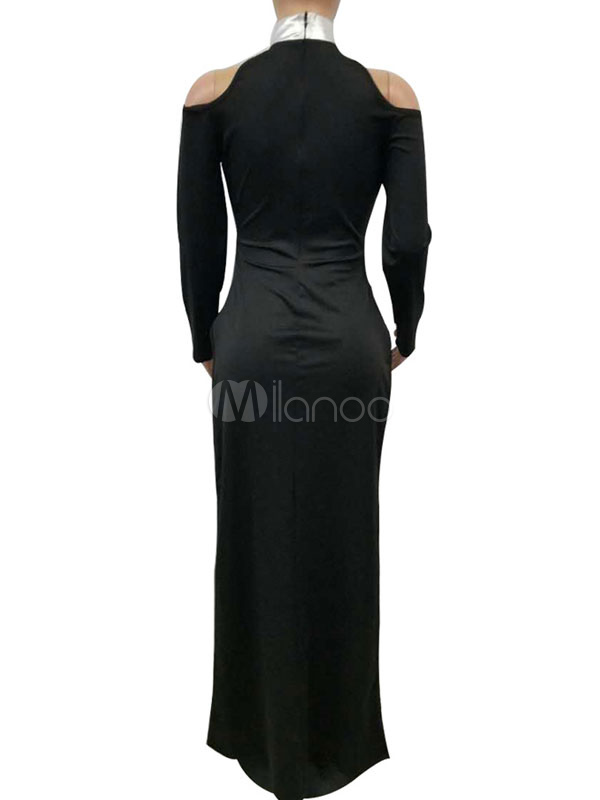 Black Club Dress Long Sleeve Cut Out Split Cold Shoulder Cropped Sexy