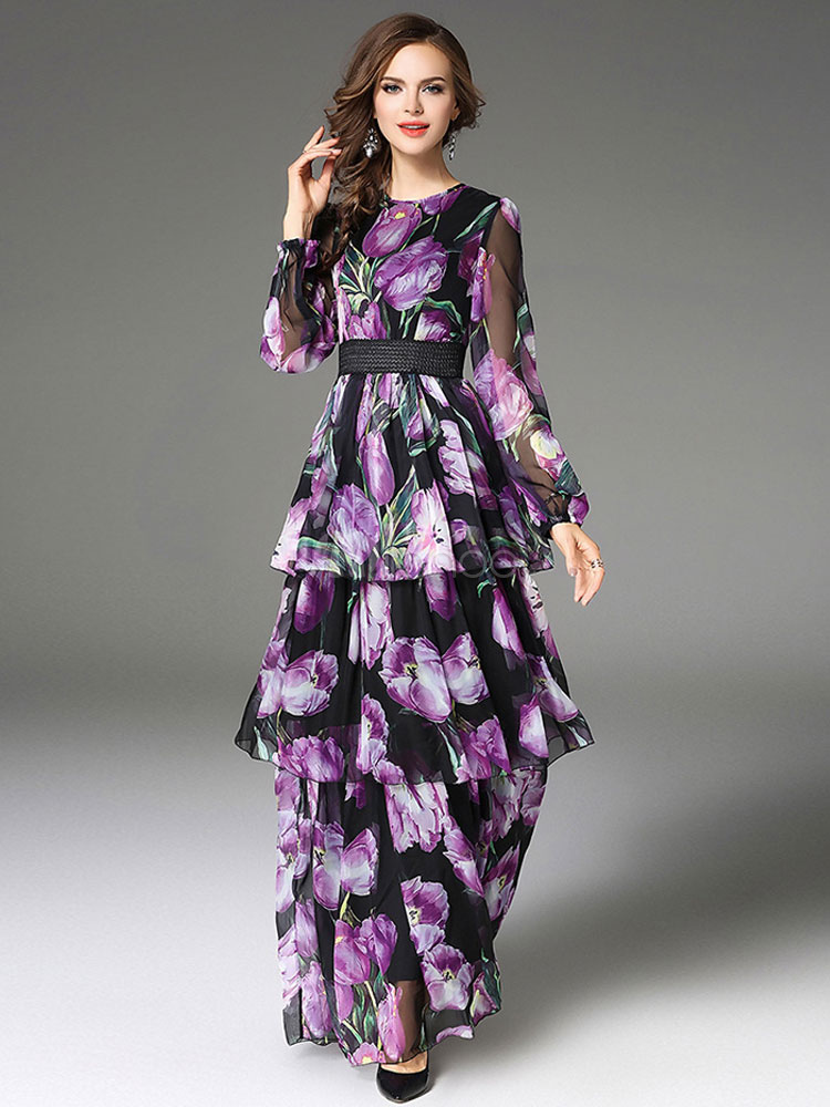 Floral Maxi Dress Long Summer Dress Long Sleeve Layered Tiered Purple Chiffon Dress