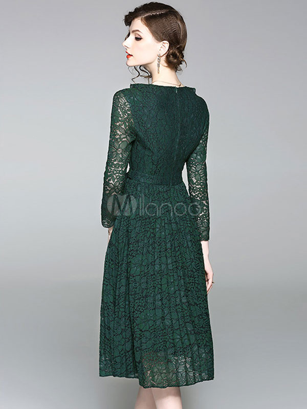 Women Lace Dress Long Sleeve V Neck Sash Hunter Green Midi Dress ...