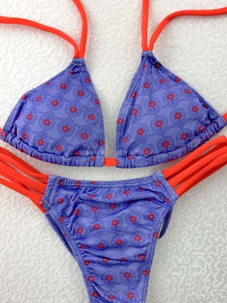 String Bikini Maillot de Bain Halter Imprimé Cut Out Royal Violet Sexy Maillots De Bain Pour