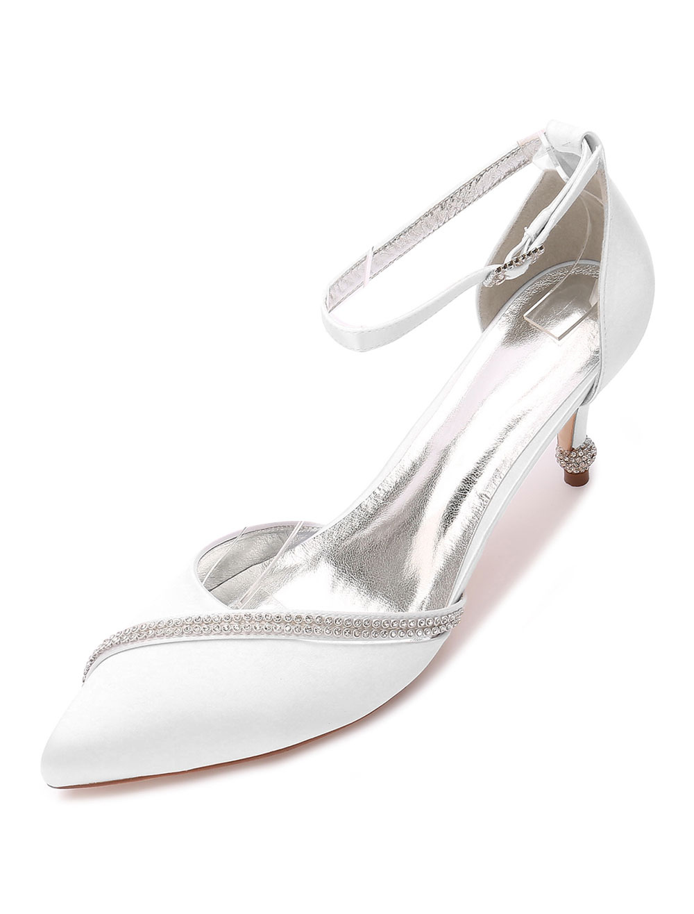 Satin Wedding Shoes Pointed Toe Rhinestones Ankle Strap Bridal Shoes ...