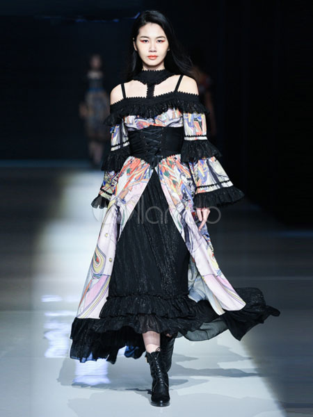 Kimono Lolita OP Neverland Couture Print Ruffle Lace Up Black Chiffon ...