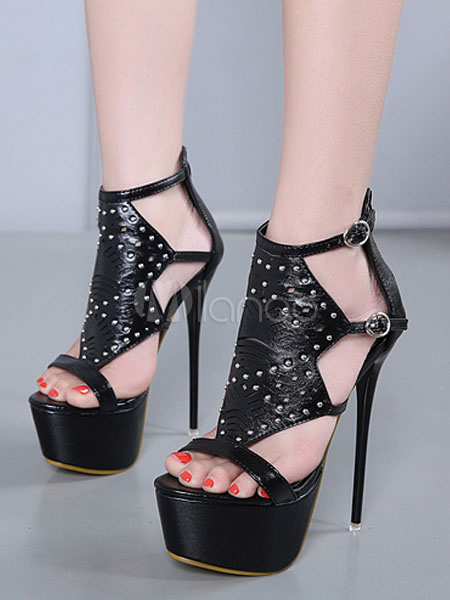 Zapatos negros atractivos Sandalias de tacón alto abiertos de de punta abierta con punta - Milanoo.com