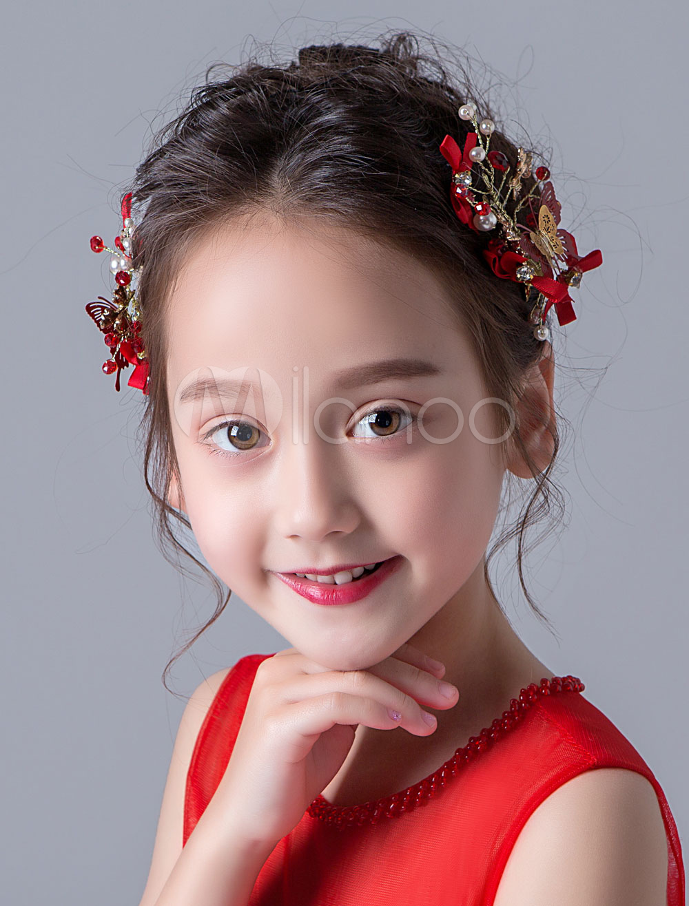 Flower Girl Hair Accessories Crystal Red Rhinestones Bows Little Girls Hair Pieces