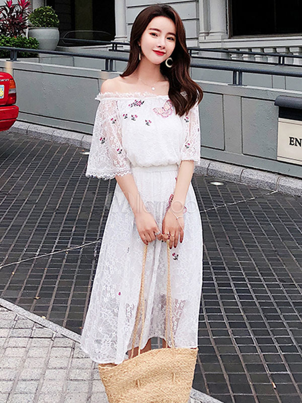 bardot embroidered lace dress