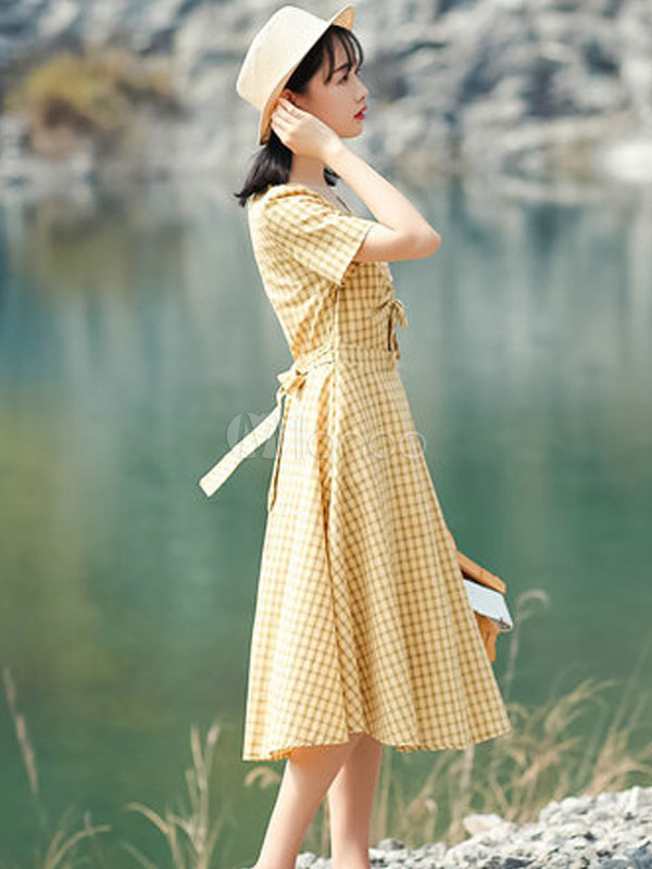 Vintage Summer Dress V Neck Short Sleeve Cut Out Plaid Yellow Long Dress Milanoo Com