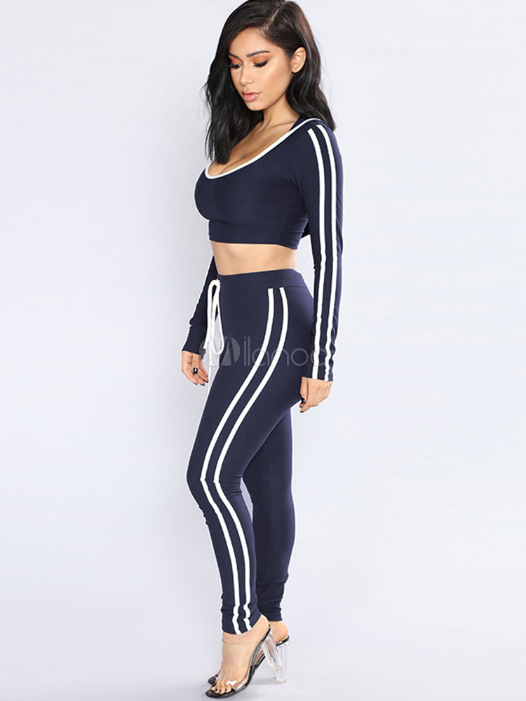 Two Piece Tracksuit Set Long Sleeve Striped Hooded Top With Skinny ...