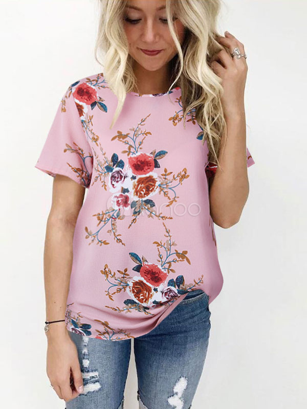 Women Floral Blouses Short Sleeve Round Neck Casual Summer Top ...
