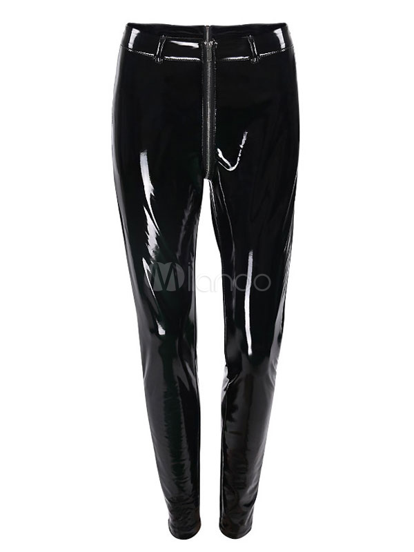 Women Sexy Pants High Waist Front Zip Leather Skinny Pants - Milanoo.com