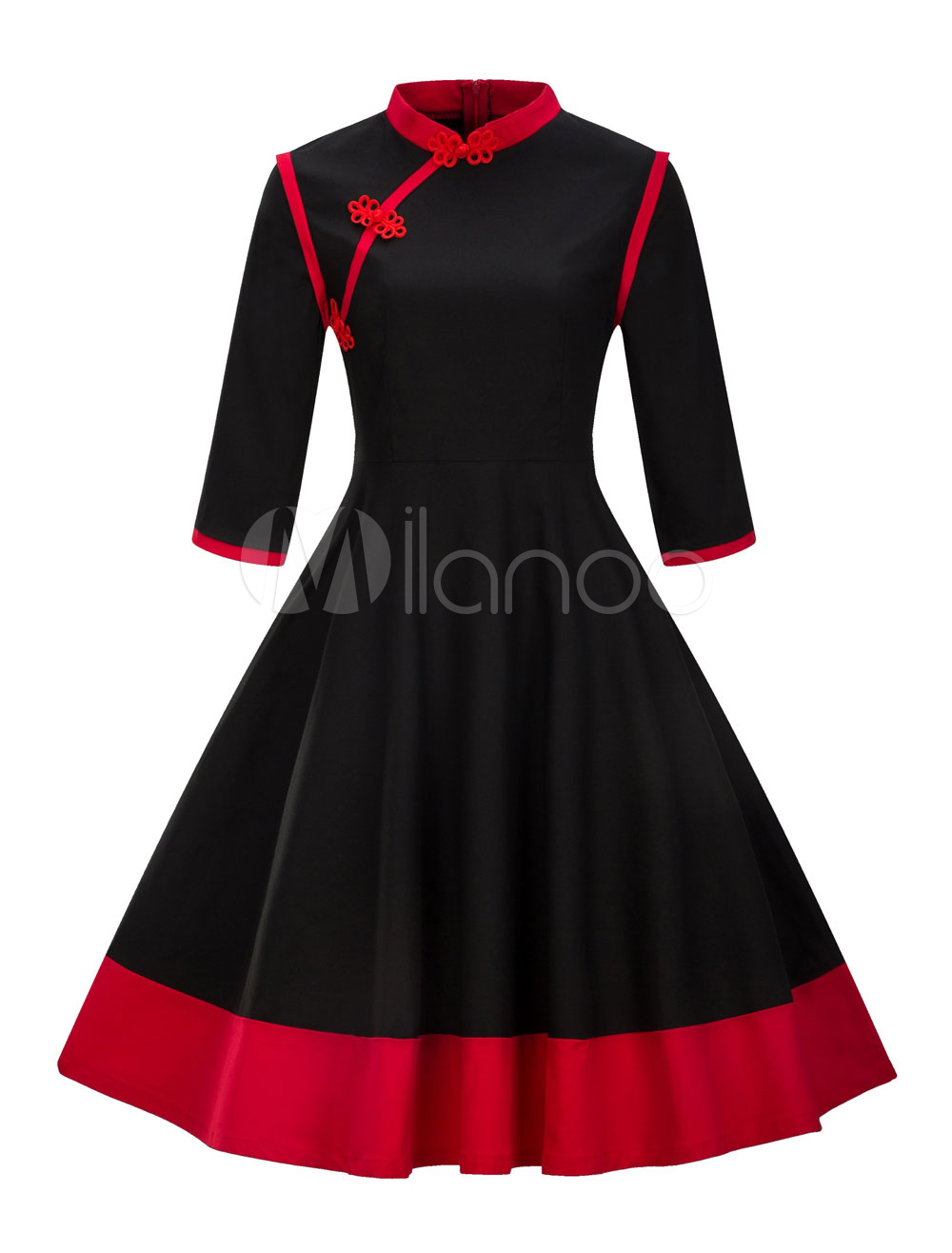 レトロ結婚式ワンピース 21 バイカラー ハーフスリーブ カラーブロック ミディ結婚式二次会お呼ばれ発表会スウィングワンピース Milanoo Jp