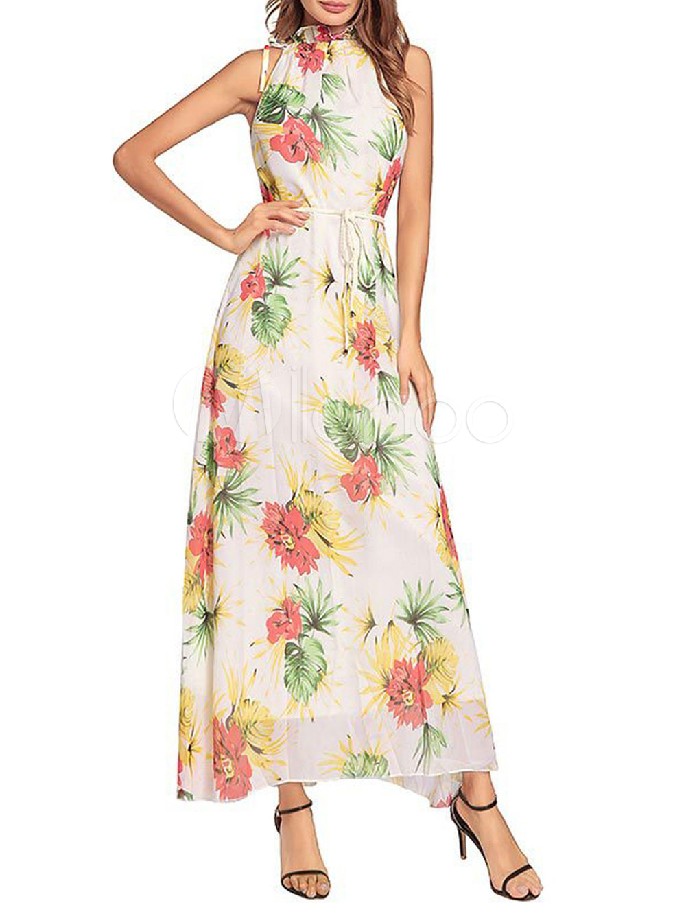Floral Maxi Dress Long Summer Dress Ruffles Sash Stand Collar Chiffon ...
