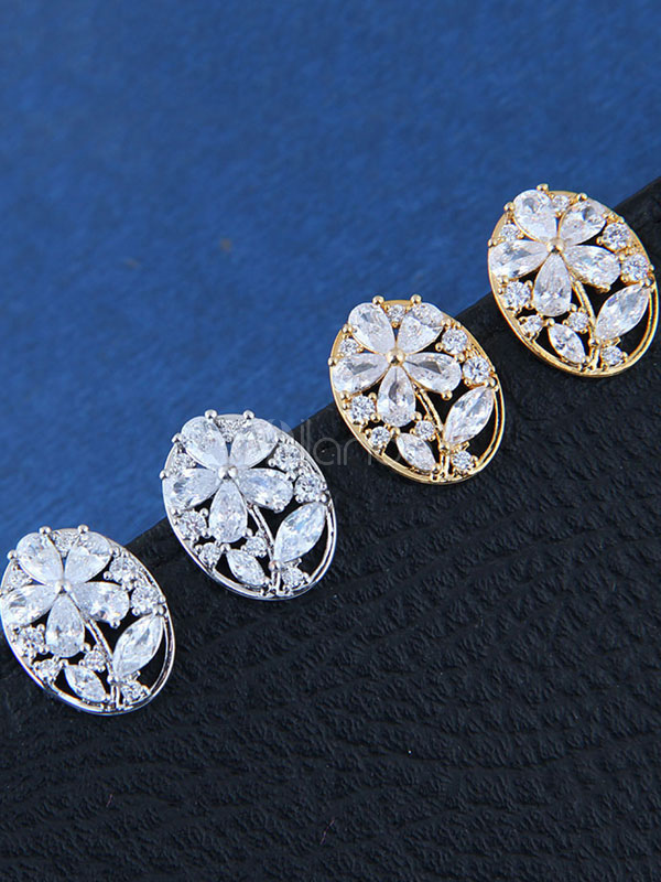 Silver Wedding Earrings Cubic Zirconia Flower Stud Earrings Bridal ...