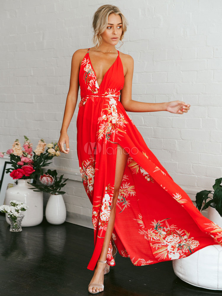 Floral Maxi Dress Red Summer Dress V Neck Split Backless Long Dress ...
