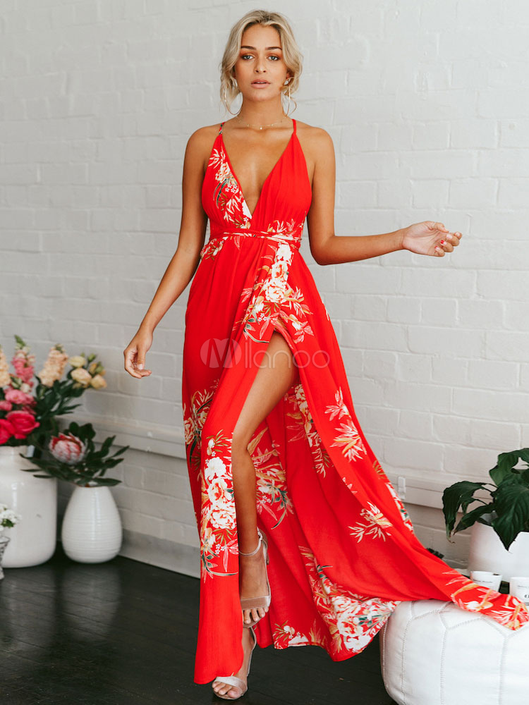 Floral Maxi Dress Red Summer Dress V Neck Split Backless Long Dress ...