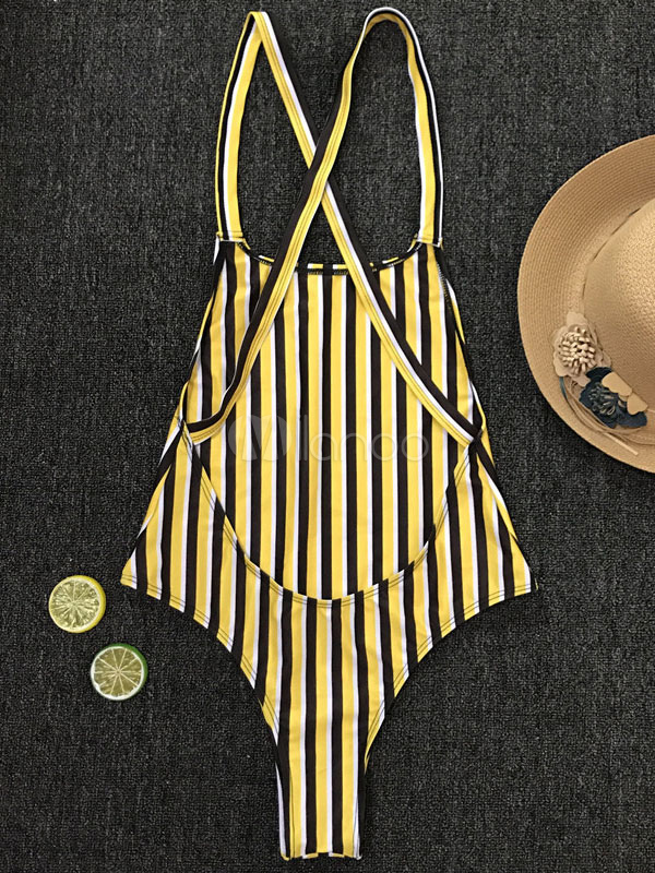 One Piece Swimsuit Striped Yellow Backless High Cut Sexy Swimwear