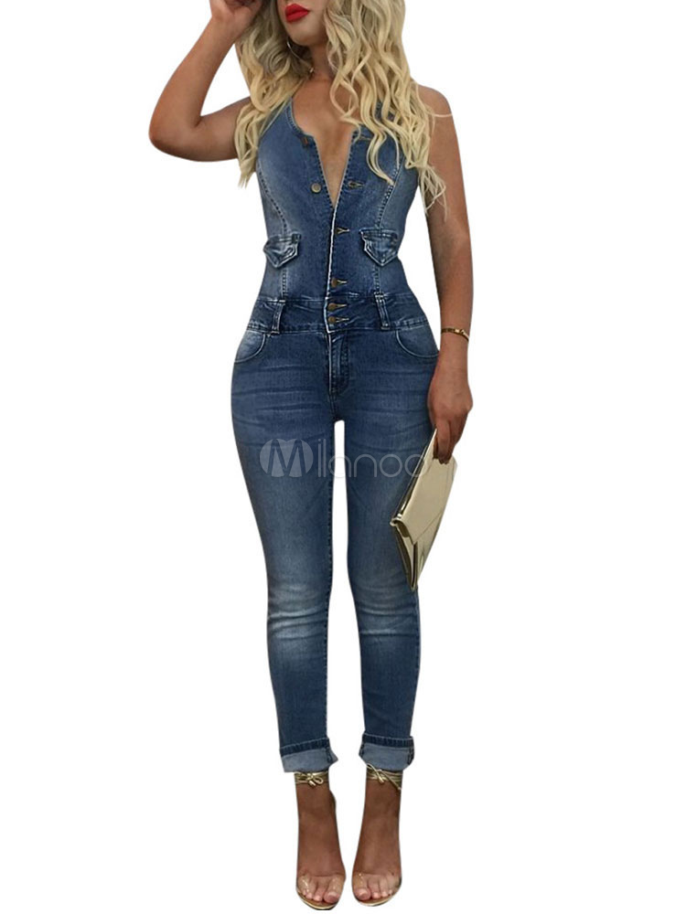 Tuta magra 2022 di jeans blu con bottoni alla schiena senza schienale -  Milanoo.com