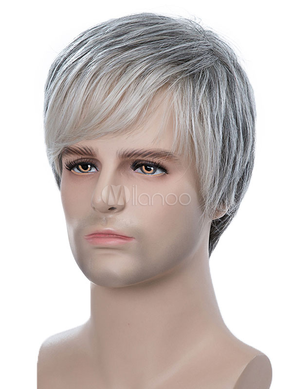 Human Hair Wigs Light Grey Tousled Short Straight Hair Wigs For Men