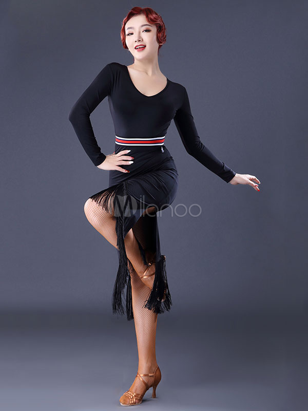 Latin Dance Costume Dresses Women Black Long Sleeve Tassels Dancing ...