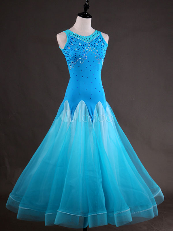 Ballroom Dance Costume Ocean Blue Sleeveless Beaded Organza Long Sleeve