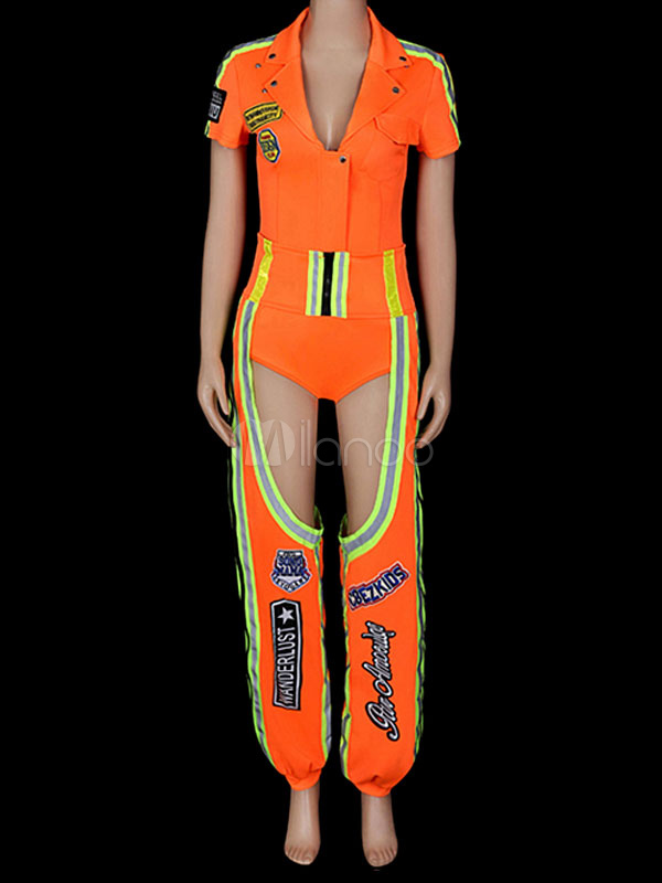 Jazz Dance Costume Women Orange DS Long Sleeve Striped Jumpsuit Set Night Club Wear