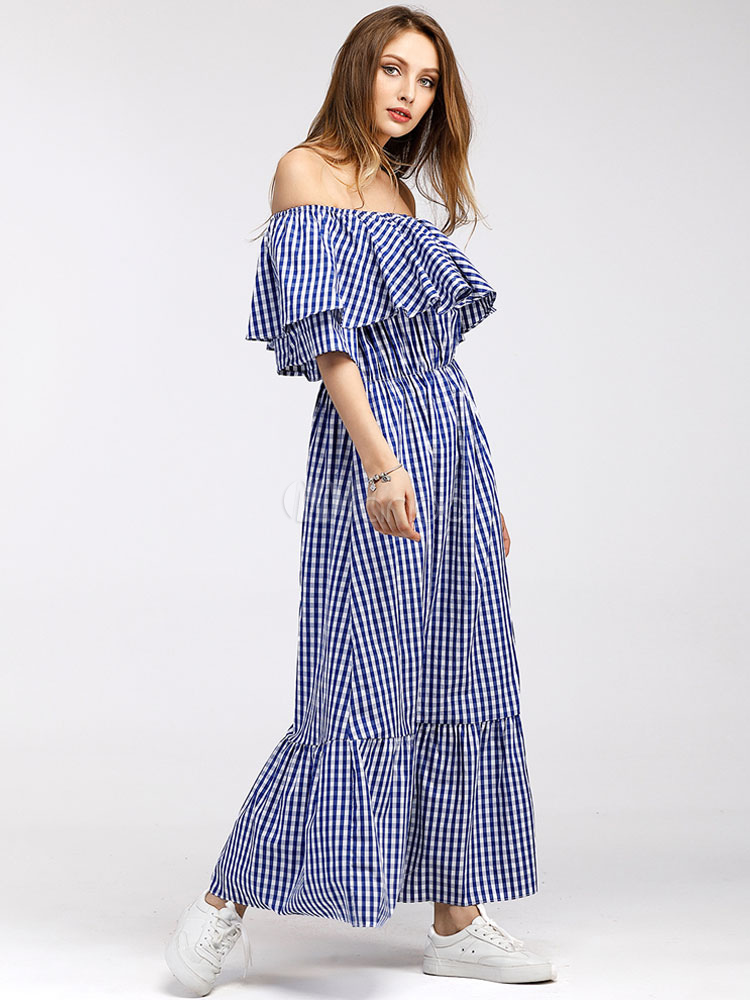 Longue robe d'été Off The Shoulder Ruffles à carreaux bleu Bardot robe